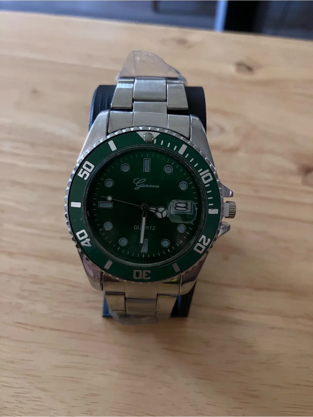 Geneva Men's Watch with Green Dial and Silver Bracelet